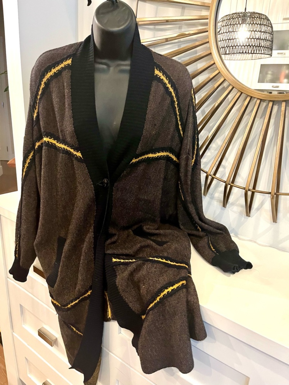 TRICOT CHIC Oversized Womens Cardigan Sweater in Brown with Yellow Trim